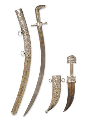 
	
		A sword and dagger, Iran, 20th century, the first with curved steel blade decorated in...
