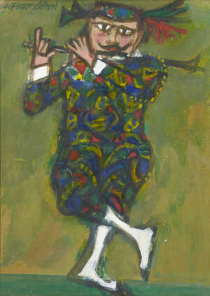 
	
		Alfred Cohen, 
		American/British 1920-2001 - 
		 
		Zanni with Flute, 1984; 
		 
		oil...
