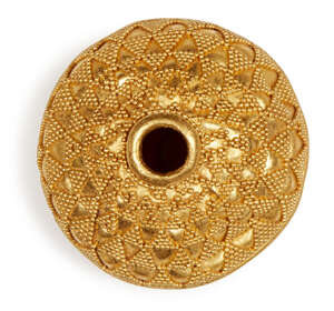 
	
		A large gold bead with filigree decoration, of spherical form, decorated in two halves...