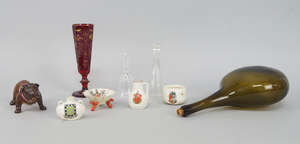 
	
		A green glass bottle, possibly 18th century, of flask form with a long neck, 27.5cm long,...