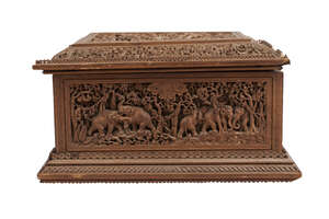 
	
		A deeply carved sandalwood chest with hunting scenes, India, 19th century, of rectangular...