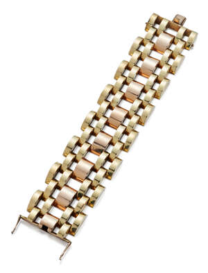 
	
		A two colour gold bracelet, of 'tank track' design, c. 1940, length 16.6cm,...