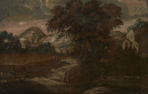 Follower of Antonio Travi, 
Italian 1613-1668- 
 
Hunting a stag with a classical ruins and...