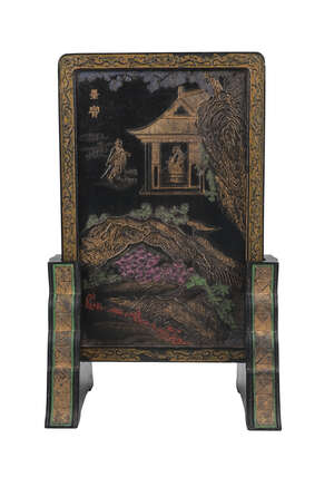 
	
		A Chinese ink block scholar's table screen, 19th century, decorated to one side with a...