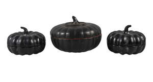 
	
		Three Japanese black lacquer pumpkin boxes, circa 1900, 18cm and 40cm diameter, (3)

	

