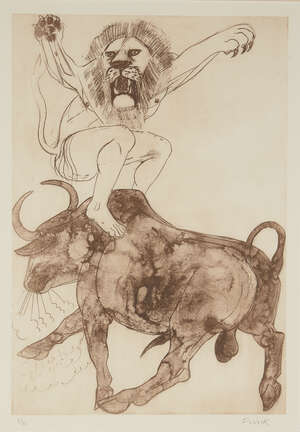 
	
		Dame Elizabeth Frink CH DBE RA,
		British 1930-1993-
		 
		Herakles and Lion's Mask,...
