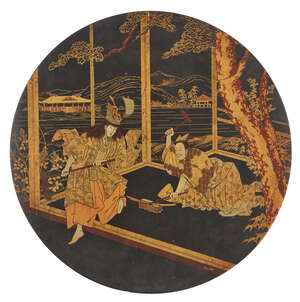 
	
		A Japanese circular lacquer panel, 19th century, finely decorated with swordmakers...