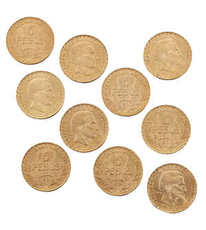 
	
		Ten Uruguay gold 5 peso coins, 1930

	

