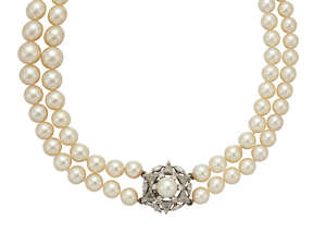 
	
		A cultured pearl and diamond choker necklace,  composed of a double uniform row of...