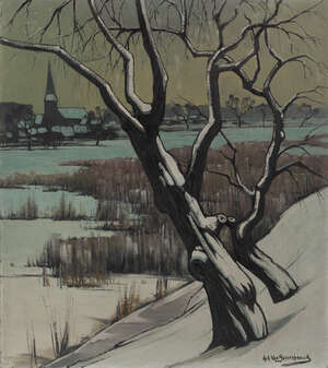 Achille van Sassenbrouck, 
		Belgian 1886-1979- 
		Winter trees; 
		oil on canvas, signed 'Ach van Sassenbrouck' lower right, 90 x 80 cm (ARR)
