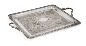 
	
		An Indian white metal repousse tray, the twin handles designed as intertwined snakes and...