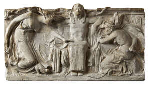 
	
		A 'New Sculpture' painted plaster relief panel, c.1920, modelled as a seated Egyptian...