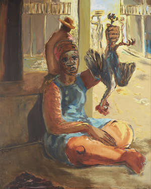 
	
		Sally Meyer, British b.1961- Woman with a cockerel; oil on panel, signed and dated 88,...