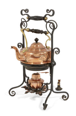 
	
		An Arts & Crafts copper, brass and wrought iron tea kettle, stand and spirit heater 
		