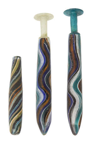 AMENDMENT: Please note these are not Roman and are datable to the 20th century. 
		Three mosaic colour band glass perfume bottles, two with stoppers, 20th cen