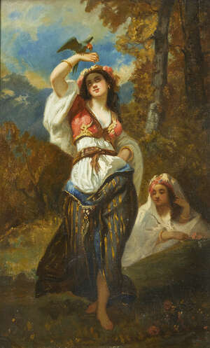 Louis Devedeux, 
French 1820-1874- 
Young woman admiring a parrot; 
oil on canvas, signed and...