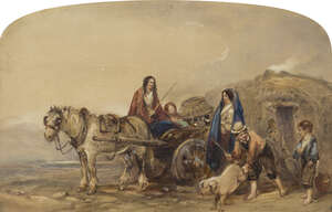 
	
		George Bryant Campion, 
		British 1796-1870- 
		A horse and cart with figures, ducks...