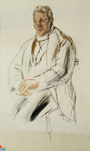 Leon Underwood,
		British 1890-1975-
		 
		Portrait of a seated man in a suit;
		 
		ink, wash and pastel, inscribed by Mary Underwood (the artist's