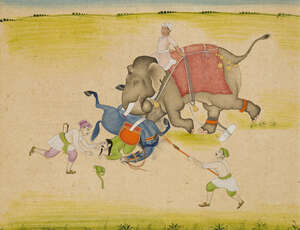 
	
		A scene of men trying to tame an elephant, India, 18th century, opaque pigments on paper,...