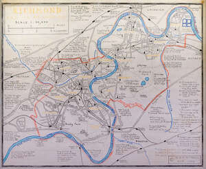 Nigel Honorius Hurt Sitwell, 
		British/Indian 1948-1999-  
		 
		Richmond and its Neighbours, 1990; 
		 
		pen and ink map with hand-colouring, signed,
