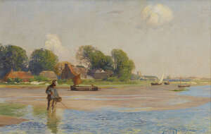 
	
		Sir David Murray RA HRSA RSW RI, 
		Scottish 1849-1933- 
		 
		Shrimping; 
		 
		oil...