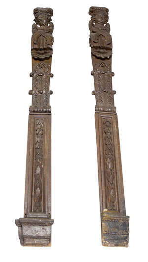 
	
		A pair of Continental carved figural oak pilasters, 19th century, with angel heads with...