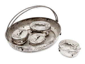 
	
		A Chinese silver oval basket and four matching oval boxes, 20th century, with two...