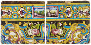 To Be Sold With No Reserve
Two Qajar polychrome decorated pottery tiles,
Iran, 19th century,
