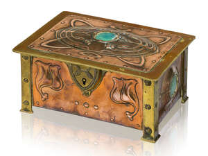 McVitie & Price, an Art Nouveau copper and brass jewelley box with hinged cover
		c.1910, stamped 'McVitie & Price, London and Edinburgh'
		The top a