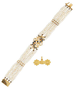 A diamond and sapphire cultured pearl bracelet and a gold runic pendant, the bracelet composed of four rows of cultured pearls to a sapphire and diamond flower