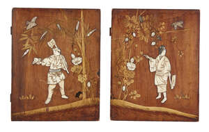 
	
		A pair of Japanese Shibayama inlaid wood panels, late 19th century, decorated with inlaid...