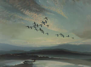 
	
		Vernon de Beauvoir Ward ARBA, 
		British 19051985 - 
		 
		Geese in flight at sunset,...