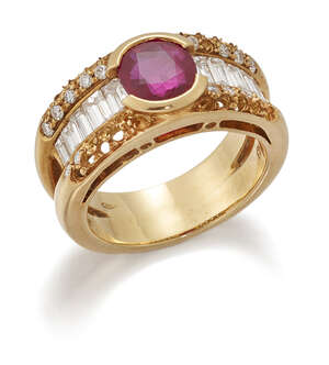 
	
		A ruby and diamond ring, set to the centre with a cushion-shaped ruby, the shoulders...