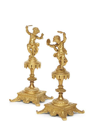 
	
		A pair of French gilt bronze models of musicians, late 19th/early 20th century, in the...