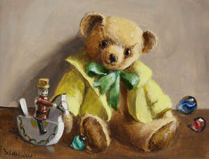 Deborah Jones,
British 1921-2012-
Teddy bear;
oil on canvas, signed lower left 'Deborah Jones',...
