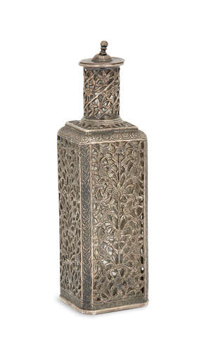 
	
		A silver and glass perfume bottle, India, 19th century, of square form, the clear glass...