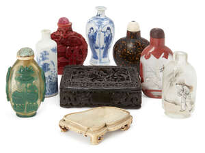 
	
		Seven Chinese snuff bottles, 18th-early 20th century, to include two porcelain blue and...