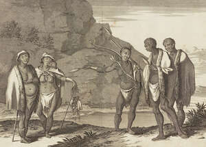 John Ogilby, 
		British 1600-1676- 
		 
		The Hottentots Cloathing and Their armes, 1670; 
		 
		copper engraving on laid paper, 25x34.3cm, (unframed) 
