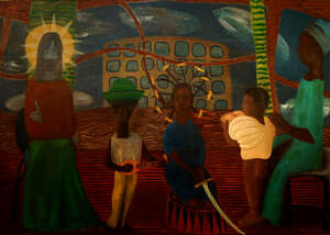 
	
		Andrew Walker, British b.1959- Christ at Brixton; oil on canvas, signed with initials and...