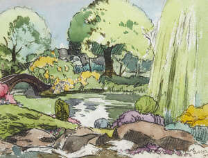 
	
		Frank Dobson RA, 
		British 1888-1963- 
		Parkland, 1943; 
		black chalk and watercolour,...