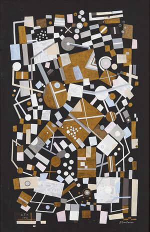 
	
		Larissa Gousterina,  
		Russian b.1943- 
		 
		Composition sur noir, 1996;
		 
		gouache...