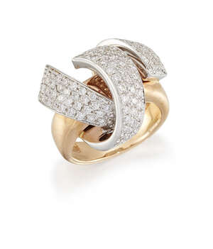 
	
		 A pave diamond crossover ring, of stylised ribbon fold design with three arcing diamond...