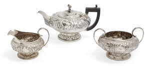 
	
		A George IV silver three-piece tea service, London, c.1823, Joseph Craddock & William Ker...