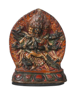 
	
		A large Tibetan painted terracotta votive plaque, 18th century, depicting Vajrakila with...