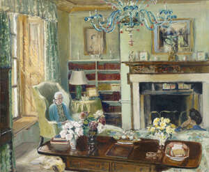 Attributed to Amy Katherine Browning ROI SWA,
		British 1881-1978-
		 
		View of an interior with two seated women in conversation; 
		 
		oil on canvas