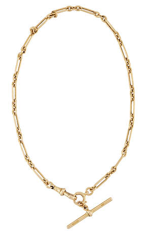 An 18 carat gold Albert watch chain, of fetter and three-link design, 37.5cm long, approximate weight 29.6g