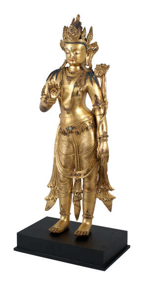 
	
		A large Sino-Tibetan gilt copper 'jewelled' figure of Padmapani Avalokiteshvara,...