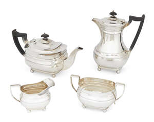 A four-piece silver tea and coffee service, Sheffield, c.1941, William Hutton & Sons, comprising a tea pot, coffee pot, sugar dish and milk jug, all of rectang