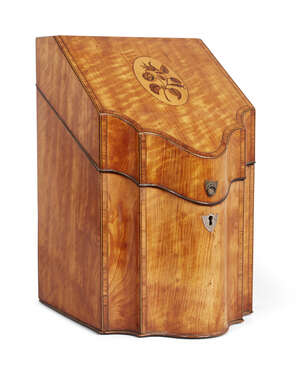 
	
		A George III satinwood inlaid slope and serpentine front knife box, the top decorated...