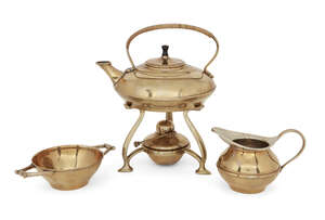 
	
		W.A.S. Benson (1854-1924), a brass kettle, stand and burner
		c.1900, Stamped WASB with...
